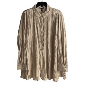 Eileen Fisher Large Crinkle Silk Habutai‎ Classic Collar Shirt Wheat $258 New